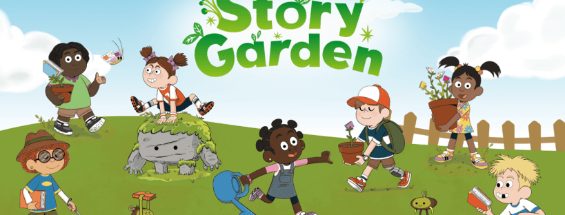 Children enjoying gardening activities with books.